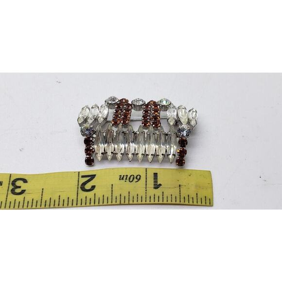 Vintage Rhinestone Brooch Shoulder Pin Clear & Topaz Silver Toned Abstract - Picture 13 of 15